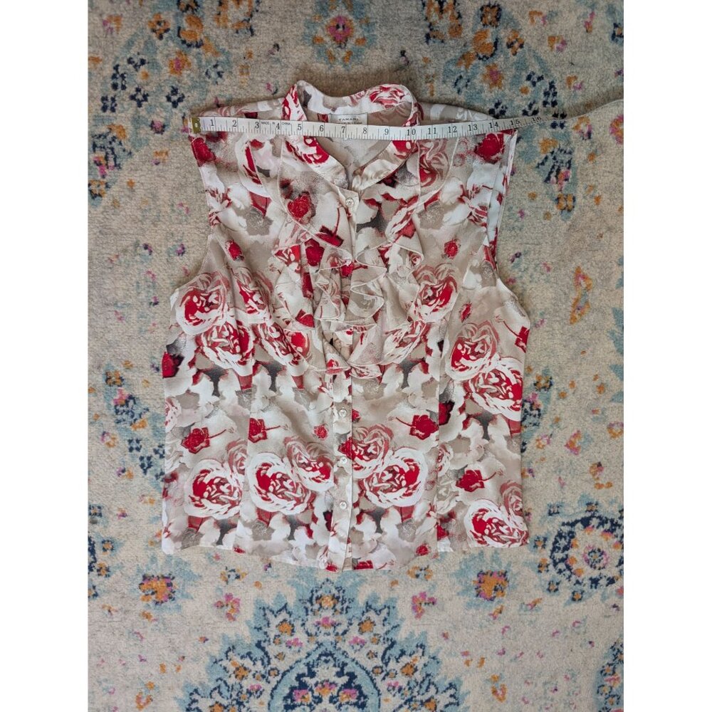 Tahari ASL‎ Petite Gray and Red Floral Ruffle Button-Down Sleeveless Blouse - PL - Picture 5 of 8